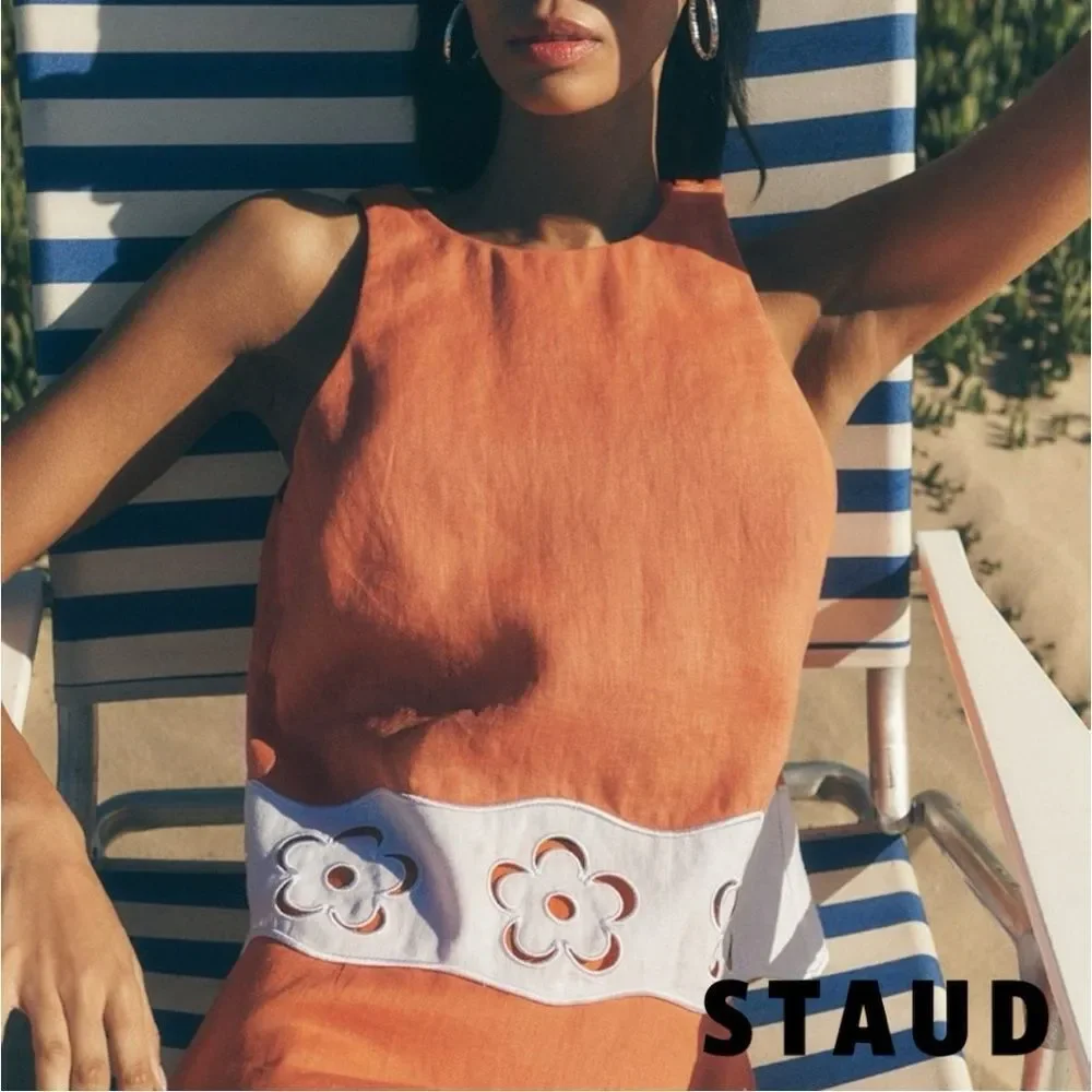 STAUD **NWT** Mika Linen Top in Apricot (Orange) & White - Picture 6 of 16